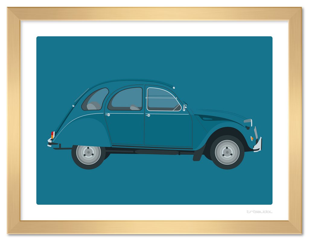 Citroen 2CV - Lagoon Blue 70 x 50cm Gold frame Tru Vue Museum glass