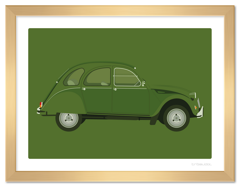 Citroen 2CV - Moss Green 70 x 50cm Gold frame Tru Vue Museum glass