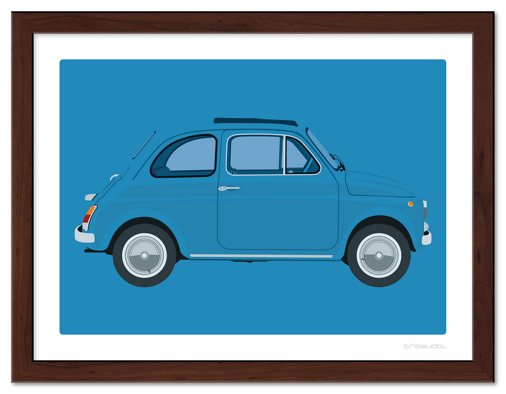 Fiat 500 - Celeste Blue 70 x 50cm Brown frame Tru Vue Museum glass