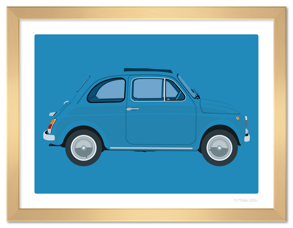 Fiat 500 - Celeste Blue 70 x 50cm Gold frame Tru Vue Museum glass