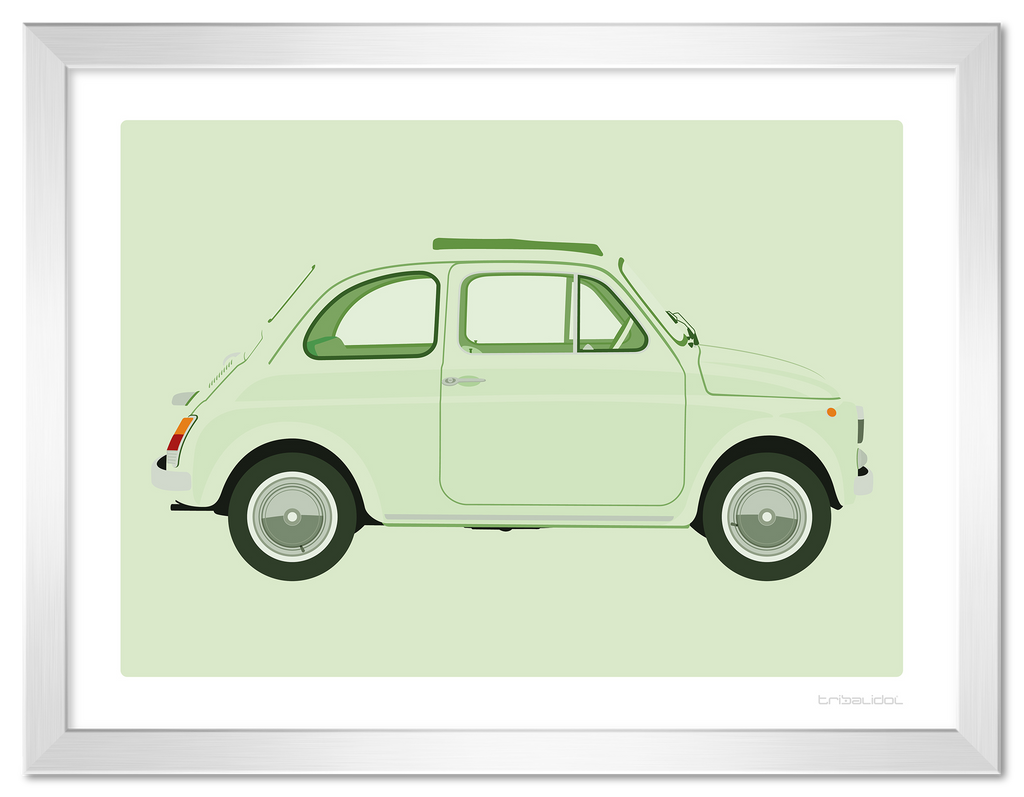 Fiat 500 - Green 70 x 50cm Silver frame Tru Vue Museum glass