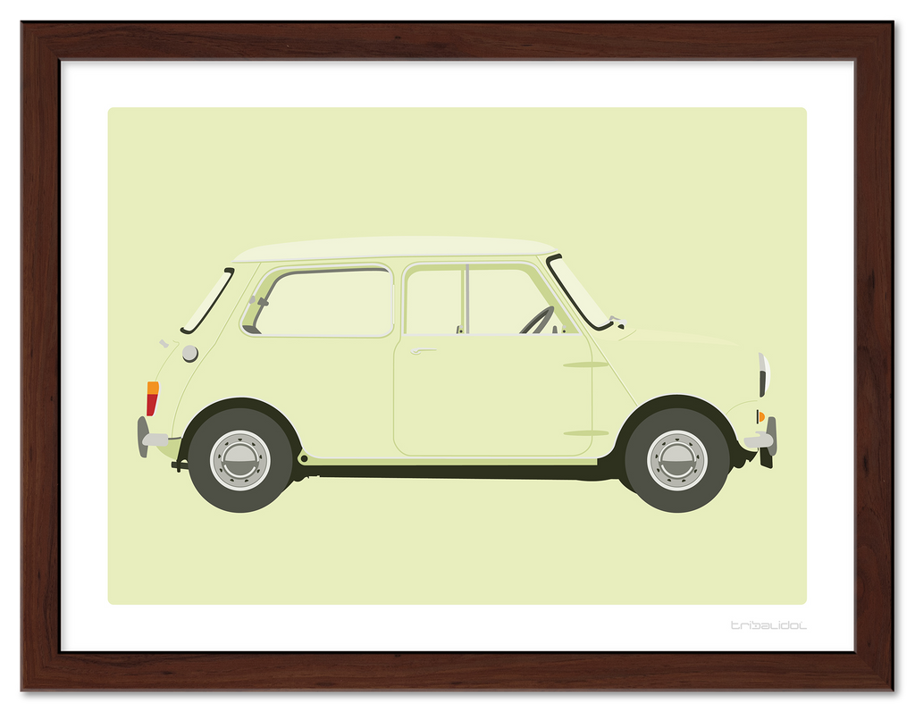 Mini MK1 - Fiesta Yellow 70 x 50cm Brown frame Tru Vue Museum glass