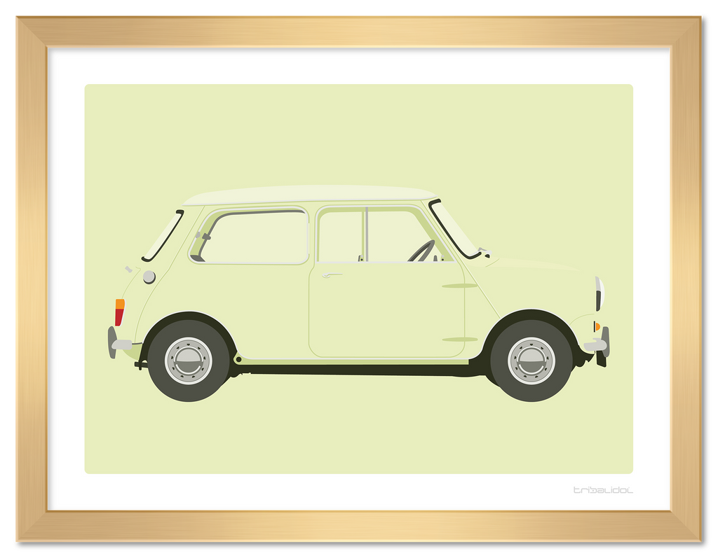 Mini MK1 - Fiesta Yellow 70 x 50cm Gold frame Tru Vue Museum glass