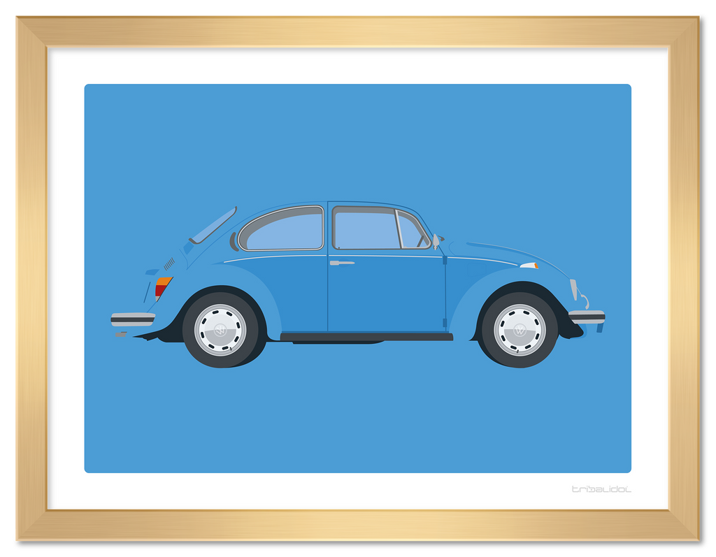 VW Beetle - Olympic Blue 70 x 50cm Gold frame Tru Vue Museum glass