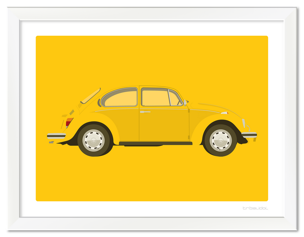 VW Beetle - Saturn Yellow 70 x 50cm White frame Tru Vue Museum glass